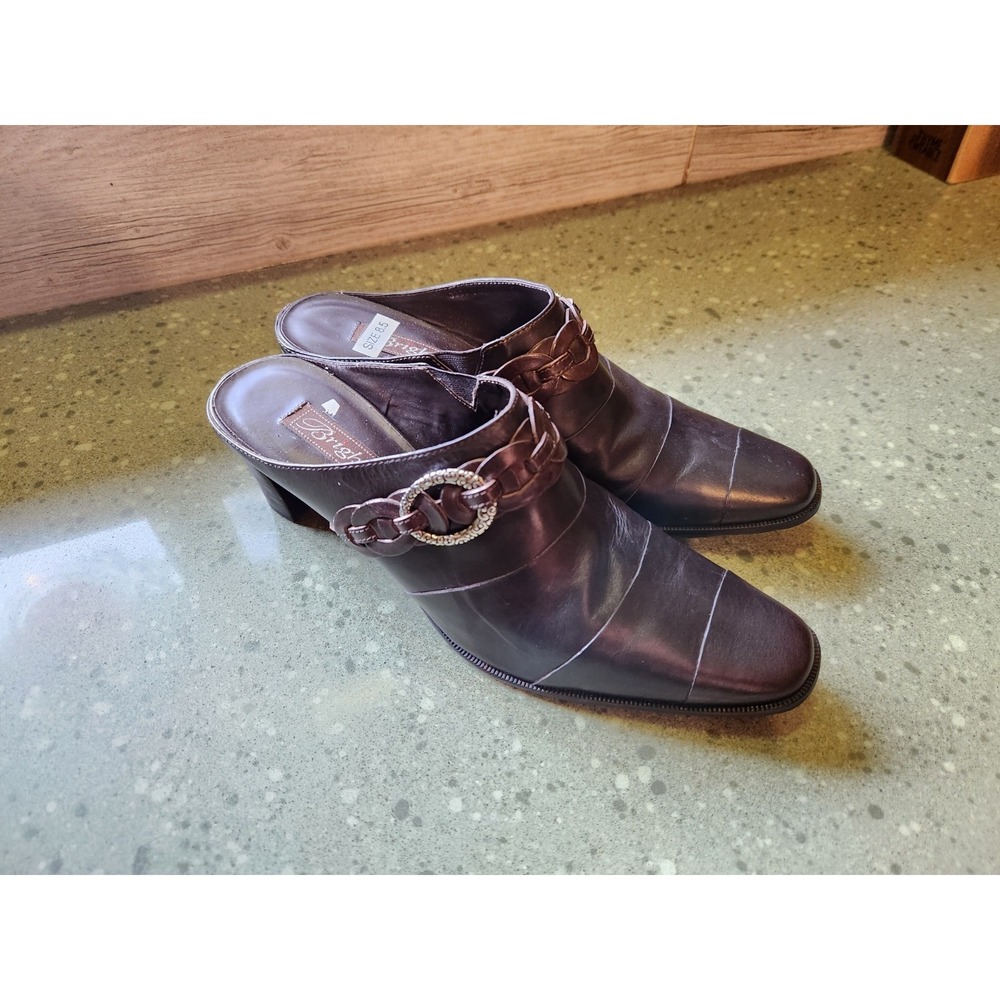 Brighton Tamia Chocolate Brown Leather Mules Buckle Trim Sz 8.5 Used